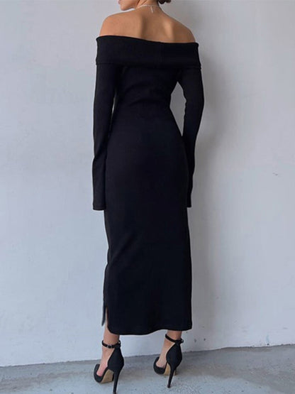 Off Shoulder Black Long Sleeve Knitted Maxi Dress