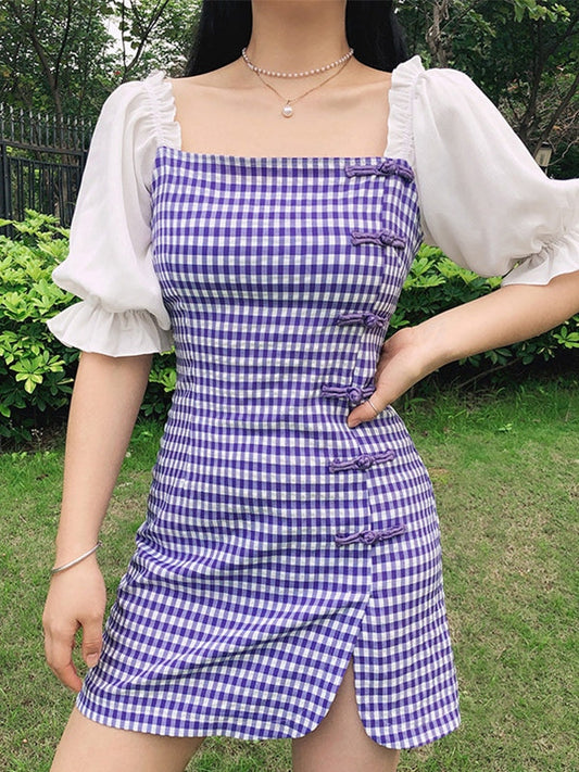 Patchwork Checkered Puff Sleeve Mini Dress