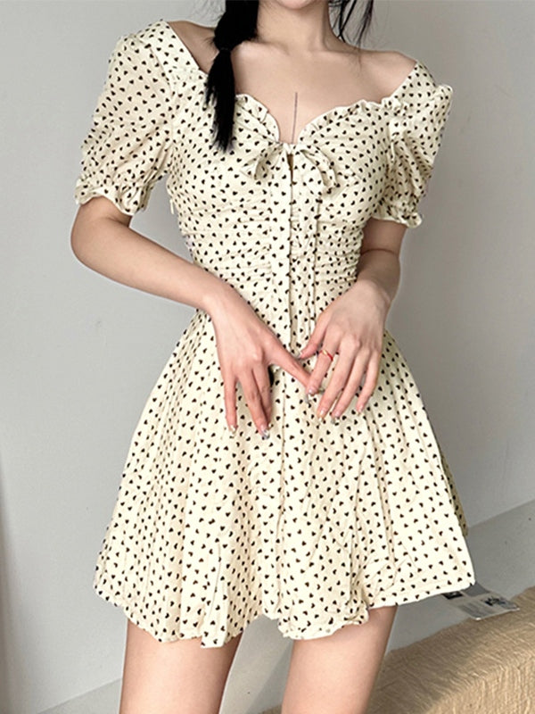 Tie Strap Heart Puff Sleeve Mini Dress