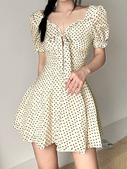 Tie Strap Heart Puff Sleeve Mini Dress