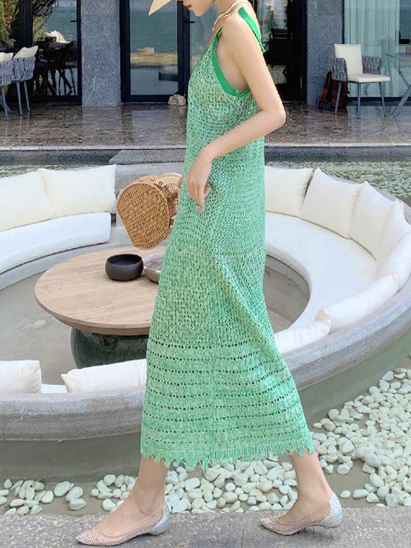 Lace Up Green Crochet Knit Maxi Dress