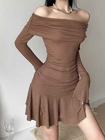 Ruffle Off Shoulder Ribbed Mini Dress