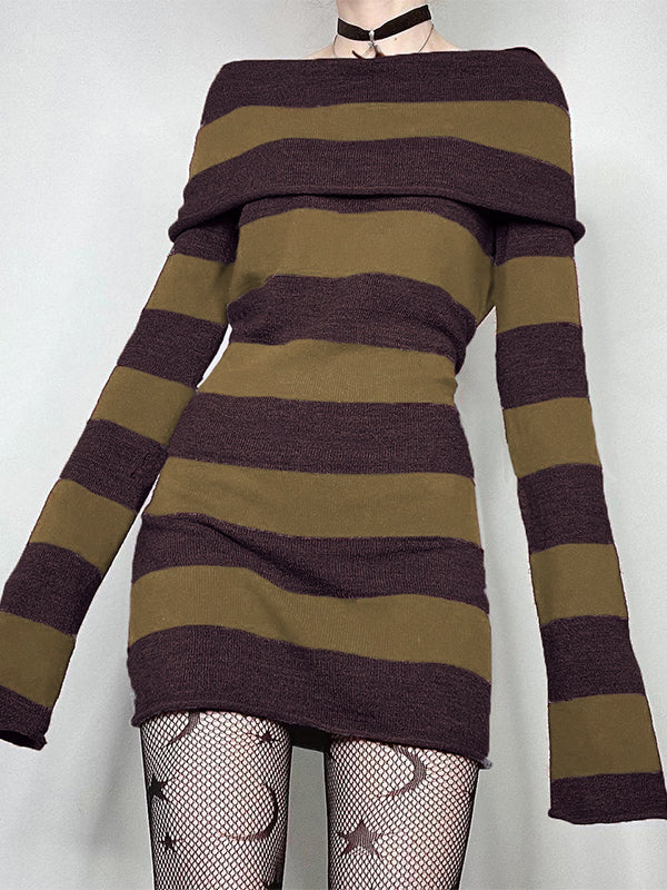 Off Shoulder Long Sleeve Striped Knit Mini Dress