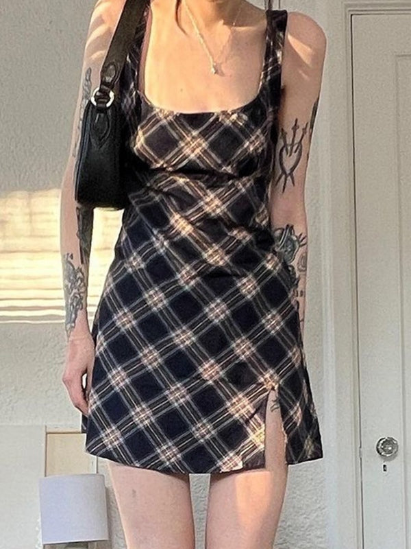 Split Sleeveless Checkered Mini Dress