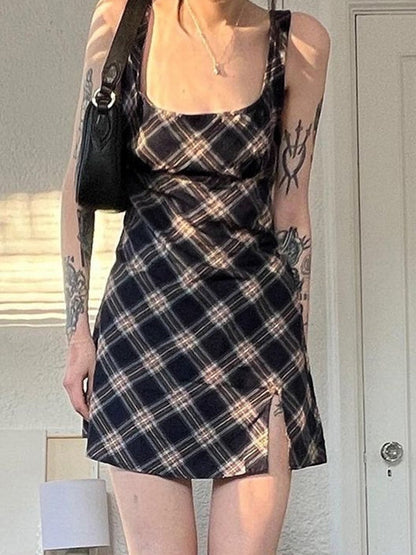 Split Sleeveless Checkered Mini Dress