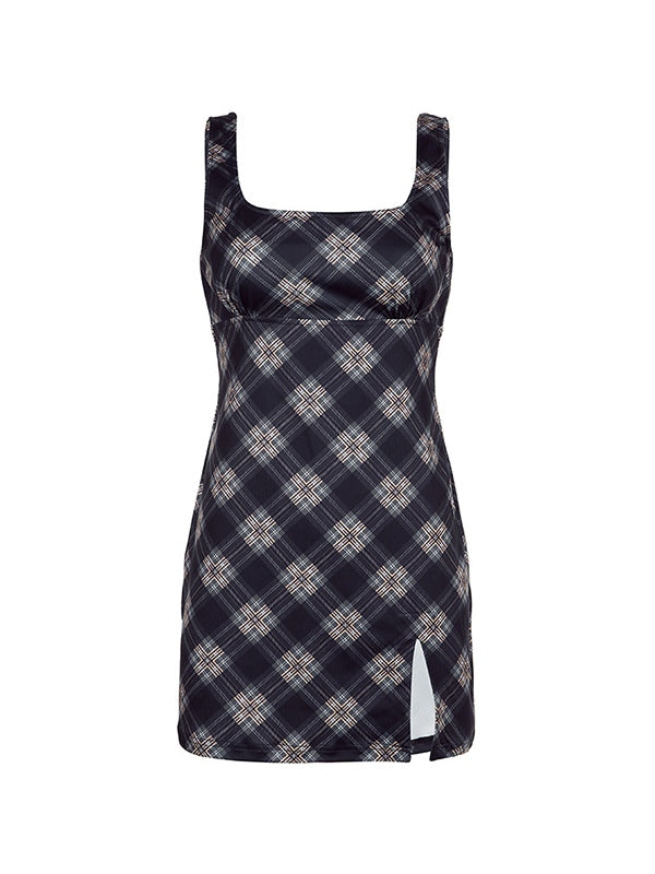 Split Sleeveless Checkered Mini Dress