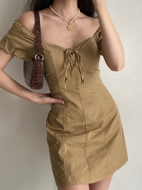 Tie Front Puff Sleeve Mini Dress