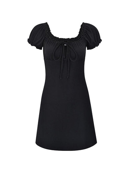 Tie Front Puff Sleeve Black Mini Dress