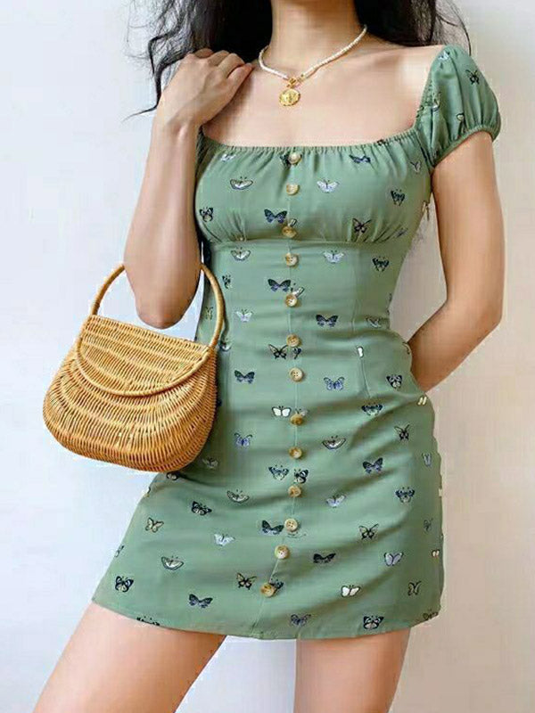 Puff Sleeve Butterfly Mini Dress