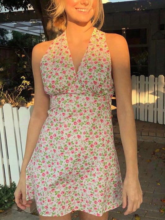 Plunge Neck Backless Floral Mini Dress