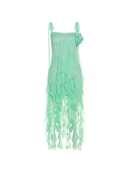 Fringe Design Lace Up Mesh Mini Dress