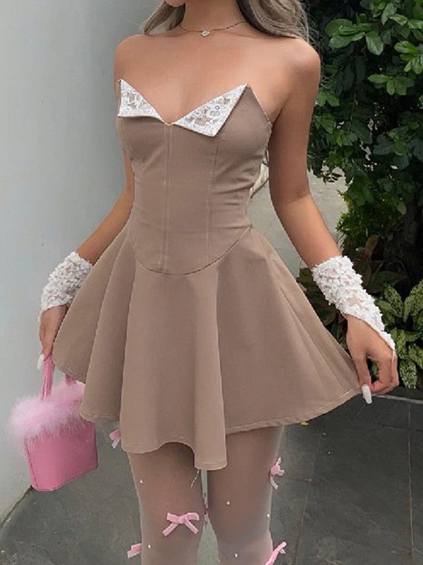 Lace Paneled Strapless Corset Mini Dress