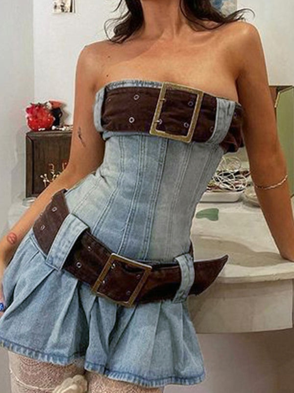 Buckle Belt Strapless Denim Mini Dress