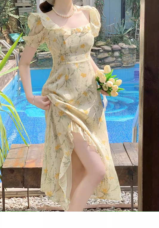 Beach Vacation Yellow Floral Puff Sleeve Dress for Women Summer   HOT1132