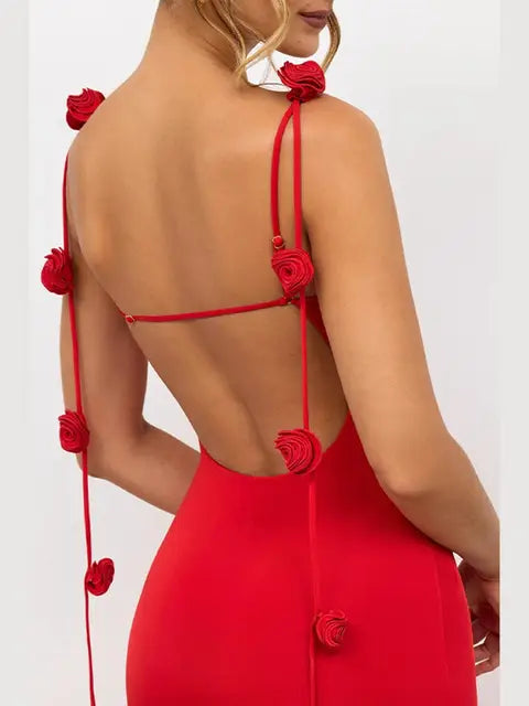 Elegant Red 3D Flower Backless Maxi Dress For Women Off Shoulder Sleeveless Sling Dresses Winter Female Party Club Sexy Robe