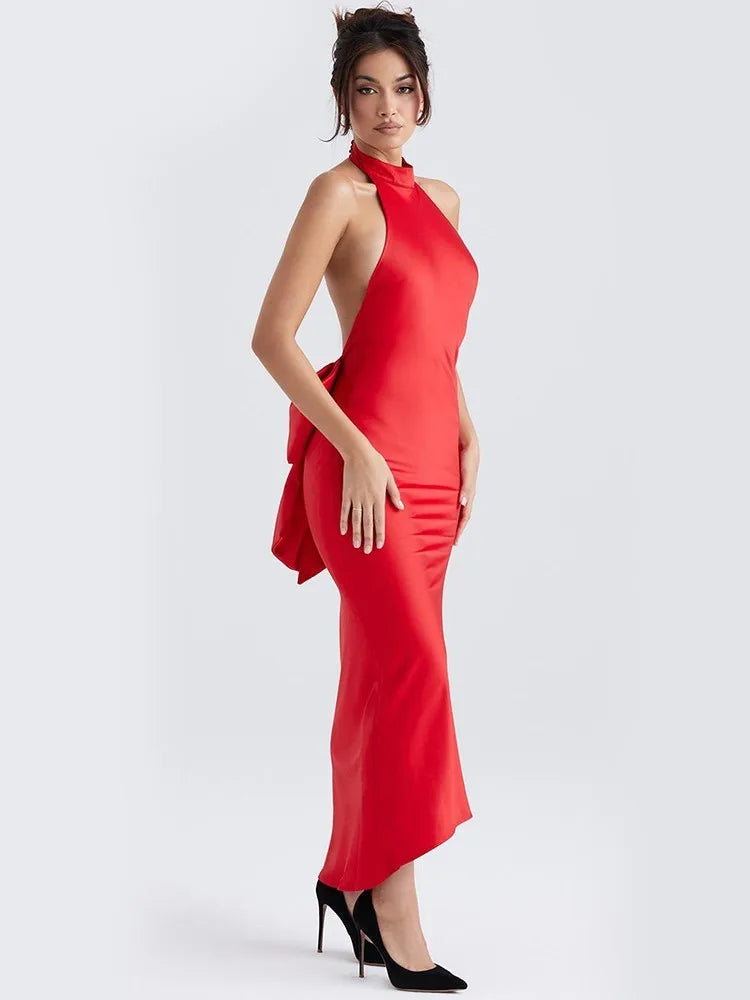 Elegant Red 3D Flower Backless Maxi Dress For Women Off Shoulder Sleeveless Sling Dresses Winter Female Party Club Sexy Robe