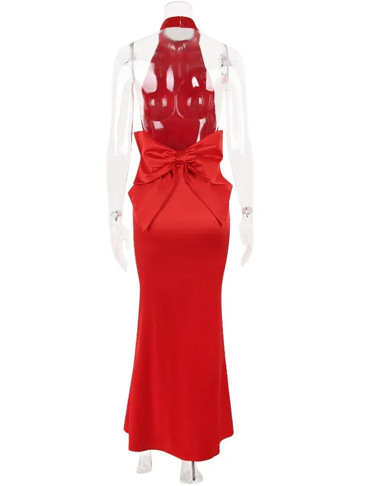 Elegant Red 3D Flower Backless Maxi Dress For Women Off Shoulder Sleeveless Sling Dresses Winter Female Party Club Sexy Robe