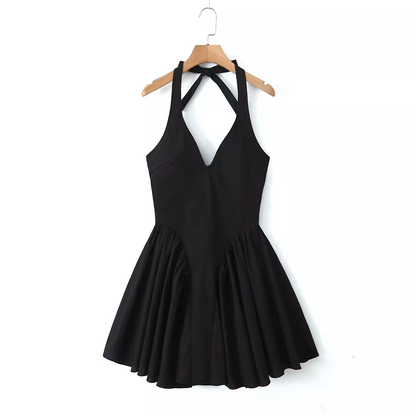 Black Backless V-neck Sleeveless Halterneck Dress HOT1371