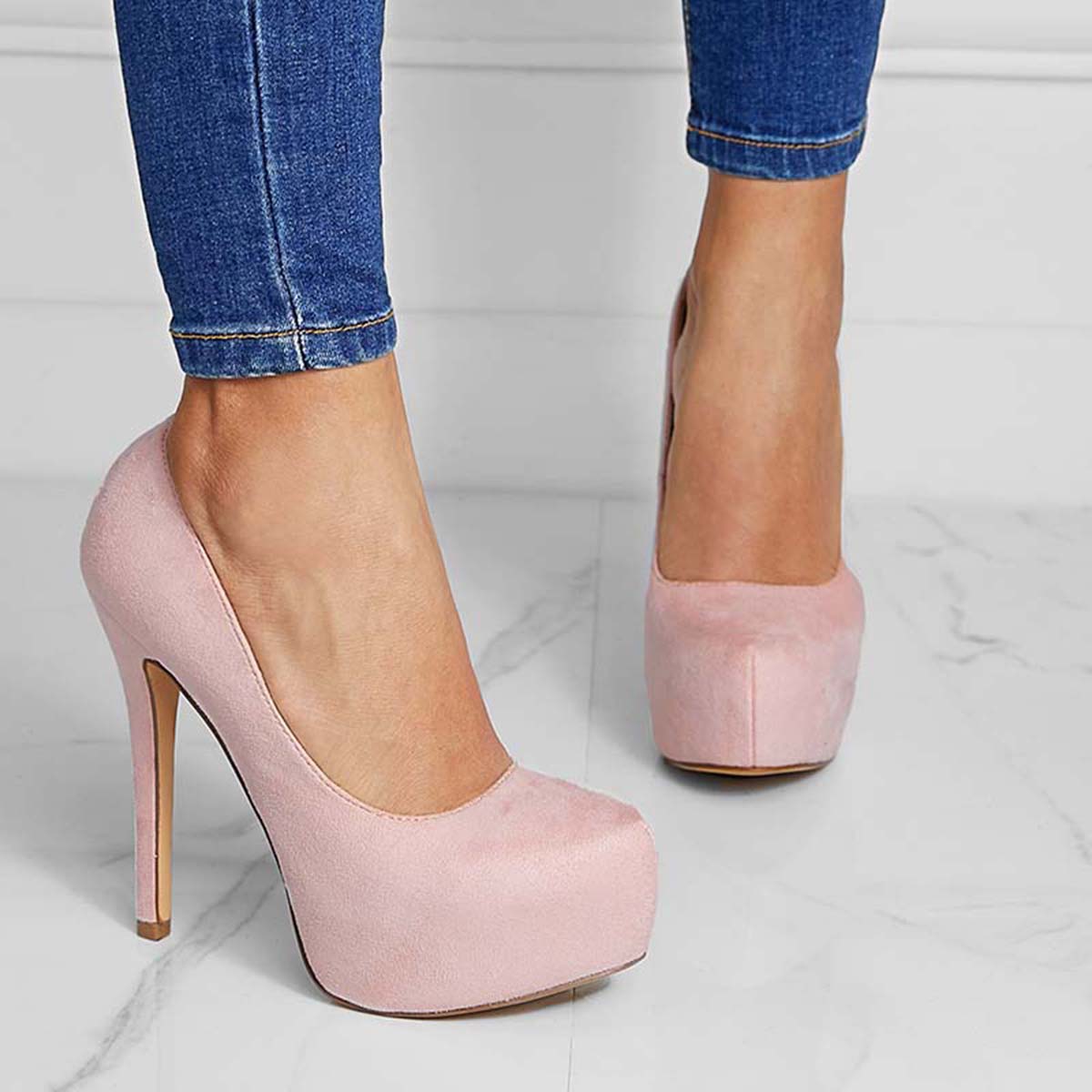 Suede Round Toe Platform Stilettos Slip on High Heel Pumps