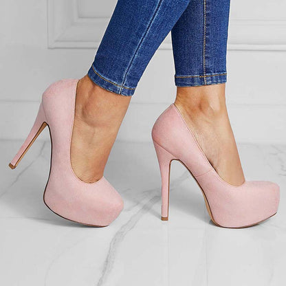 Suede Round Toe Platform Stilettos Slip on High Heel Pumps