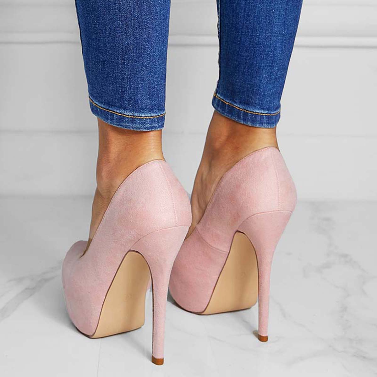 Suede Round Toe Platform Stilettos Slip on High Heel Pumps