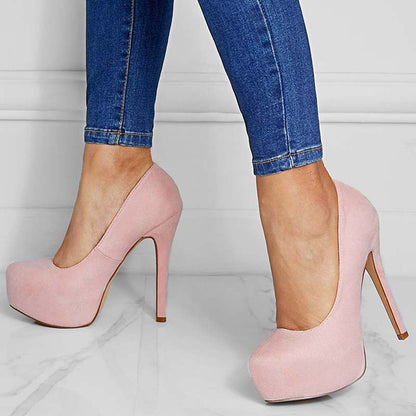 Suede Round Toe Platform Stilettos Slip on High Heel Pumps