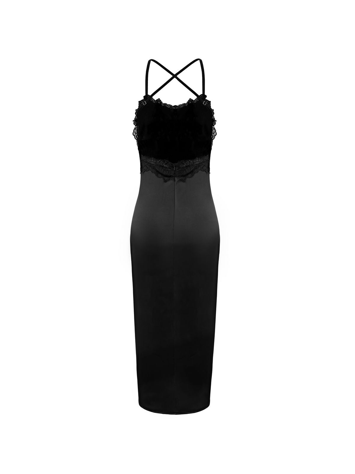 Lace Paneled Backless Black Maxi Dress