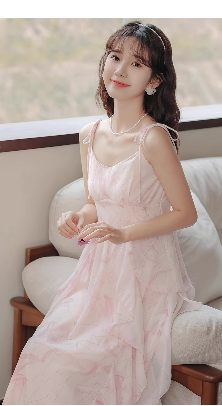 Pink Ruffled Chiffon Suspender Dress for Women Summer HOT1188