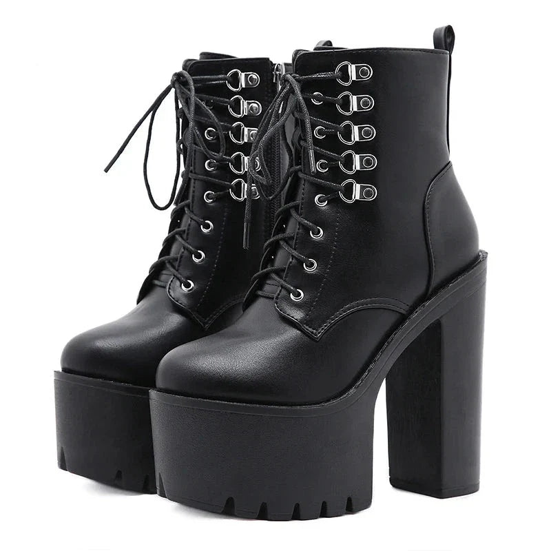 binfenxie   Ultra High Heels Women Motorcycle Boots Gothic Style Sexy Rivet Black Soft Leather Platform Chunky Heel Punk Knight Boots