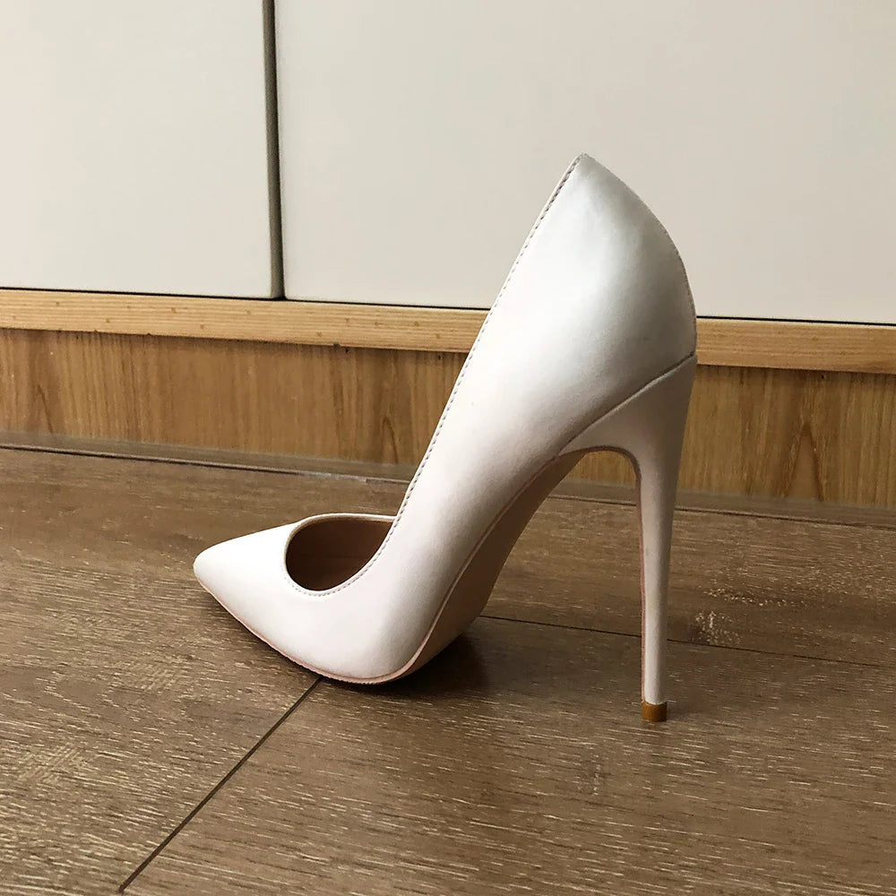 Futurecen Solid White Satin Women Pointed Toe Slip On Stiletto Pumps Elegant Wedding Party High Heel Shoes Colors Customizable