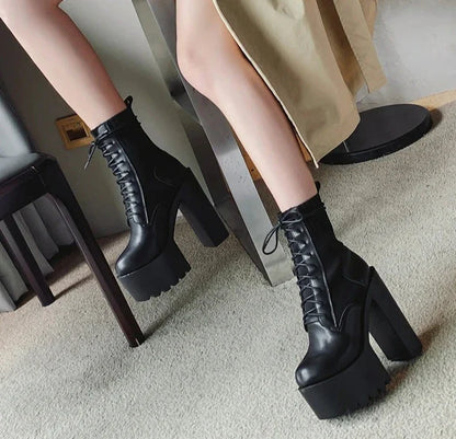 binfenxie   New Fetish Platform Boots Woman Sexy Chunky Heel Front Lace Up Sock Boots Women Ankle Boots Thick Heel Shoe Black Design