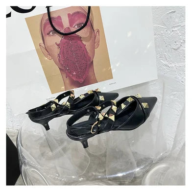 binfenxie  New Rivet Pointed Thin Heel Baotou Half Slipper Female Middle Heel Shallow Mouth Lazy Mueller Shoes