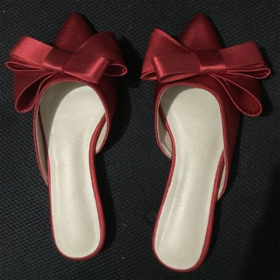 spring and summer women's shoes Korean silk satin Pointed bow tie slippers Baotou flat heel sets semi slippers