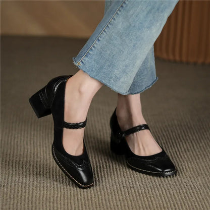 Genuine Leather Mary Jane Women's Shoes Fashion Retro Buckle Shallow Pumps Square Toe Thick Heel Handmade Shoes Woman Size 34-40