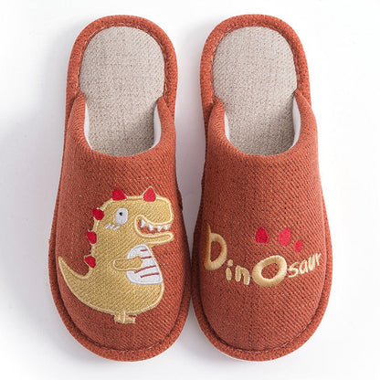 Women Winter Plush Slippers Warm Lovely Shoes Female Soft Thin Sole Flats Cartoon Dinosaur Indoor Bedroom Home Couple Slippers