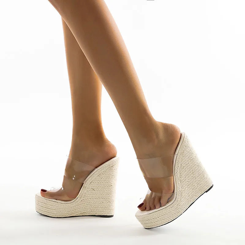 Summer PVC Transparent Peep Toe Cane Straw Weave Platform Women Wedges Slippers Sandals Fashion High Heels Female Shoes