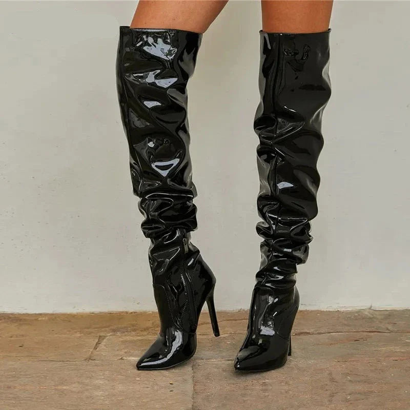 High Quality Pleated Patent Leather Motorcycle Over The Knee Boots Women Fashion Pointed Toe Zip Thigh High Lady Shoes