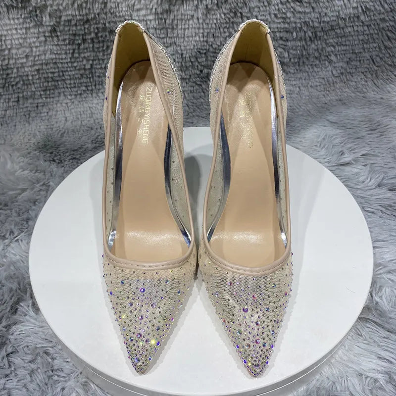 12cm Women's Mesh Rhinestone Sequined Stiletto Heels Shoes Pointed Toe Heels