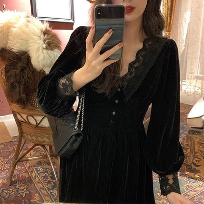 binfenxie French Vintage Dress Women Lace Velvet Black Elegant Party Dress Female Autumn 2020 High Waist Long Sleeve Midi Gothic Dress