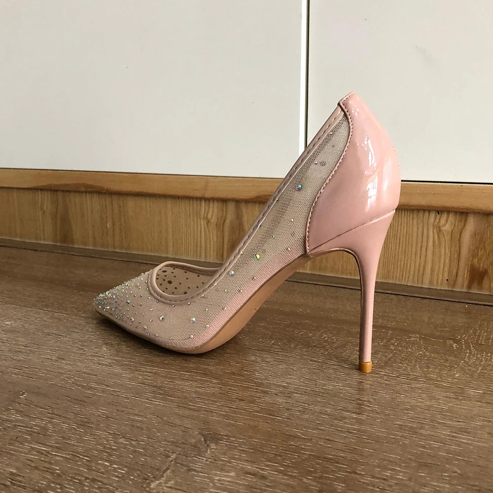 Futurecen Luxury Women Nude Gauze Rhinestones Pointed Toe Stiletto Pumps Summer Elegant Ladies Mesh High Heel Wedding Party Shoes