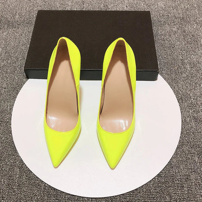 Futurecen Solid Yellow Green Patent Women Pointed Toe Stiletto Pumps Ladies Wedding Party High Heel Shoes Small Size 33 44  45