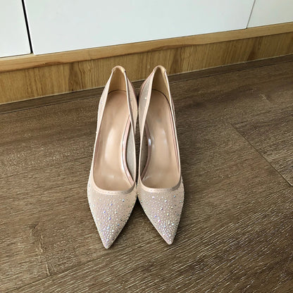 Futurecen Luxury Women Nude Gauze Rhinestones Pointed Toe Stiletto Pumps Summer Elegant Ladies Mesh High Heel Wedding Party Shoes