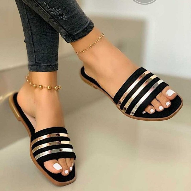 Summer Beach Flat Sandals Women PU  Fashion Comfortable Slippers Summer Lazy Outdoor Sexy Anklet Golden Wedge Sandals Ladie