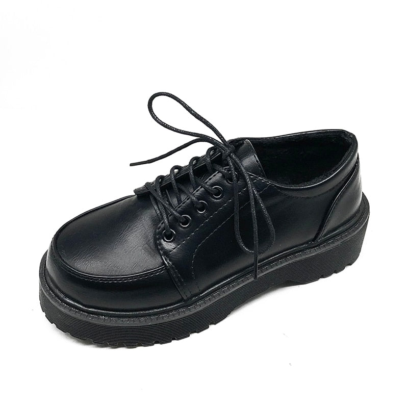 Spring Autumn Women Oxford Shoes Flat on Platform Casual Shoes Black Lace Up Leather Shoes Sewing Round Toe zapatos mujer 8901N