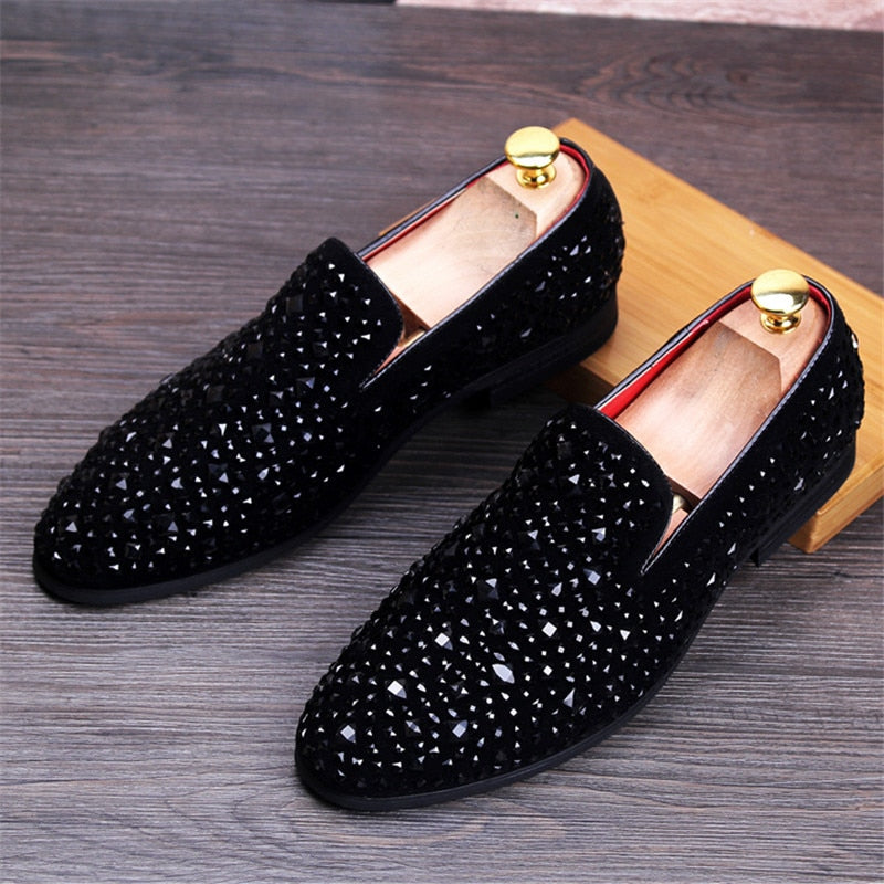 Men's Genuine Leather Loafers Casual Shoes Fashion Mens Rhinestone Driving Shoes Man Flats Dress Wedding Shoes