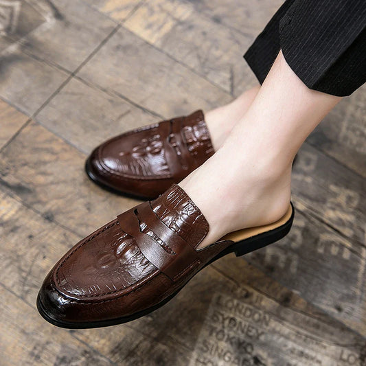 Summer Men Shoes Men Half Slippers High Quality Men Crocodile pattern Leather Casual Shoes Loafers Flip Flops Lightweight Flats