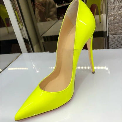 Futurecen Solid Yellow Green Patent Women Pointed Toe Stiletto Pumps Ladies Wedding Party High Heel Shoes Small Size 33 44  45