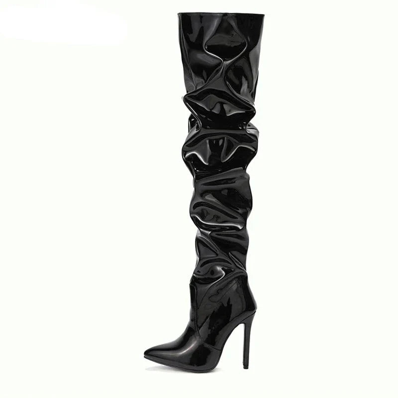 High Quality Pleated Patent Leather Motorcycle Over The Knee Boots Women Fashion Pointed Toe Zip Thigh High Lady Shoes