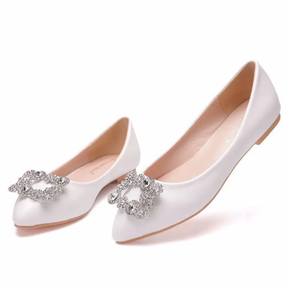 binfenxie  -   White Pointed Toe Flat Cortical Women Shoes Fashion Rhinestone Metal Decoration Flats Casual Shoes Woman Party