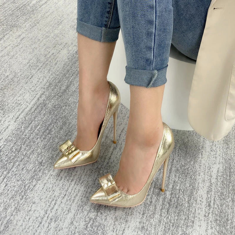 Futurecen  Glitter Gold Bow Women Pointed Toe Stiletto Pumps Ladies Slip On High Heel Wedding Dress Shoes Plus Size 33-45 8-12cm